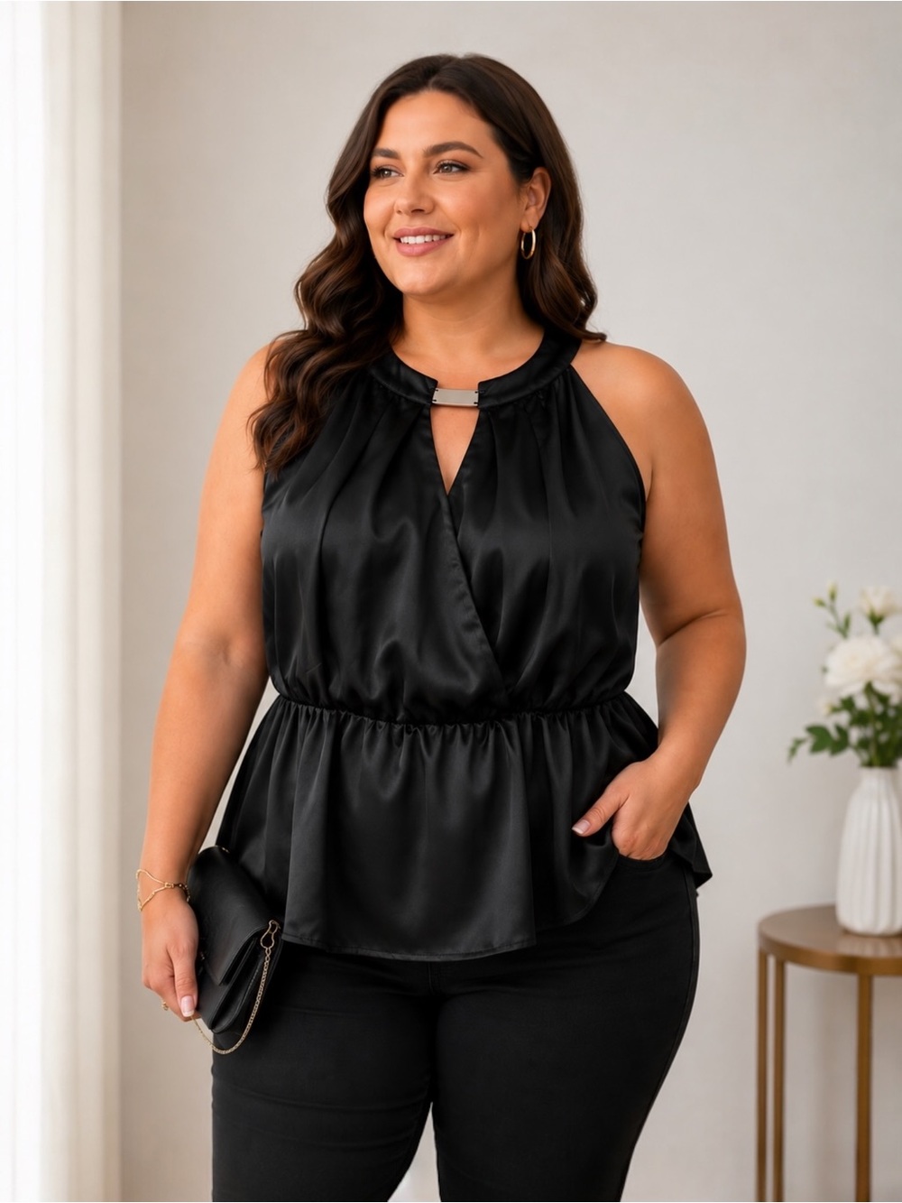 BloomChic NWT Black Satin Sleeveless Halter Top Size 22/24 Peplum Evening Blouse